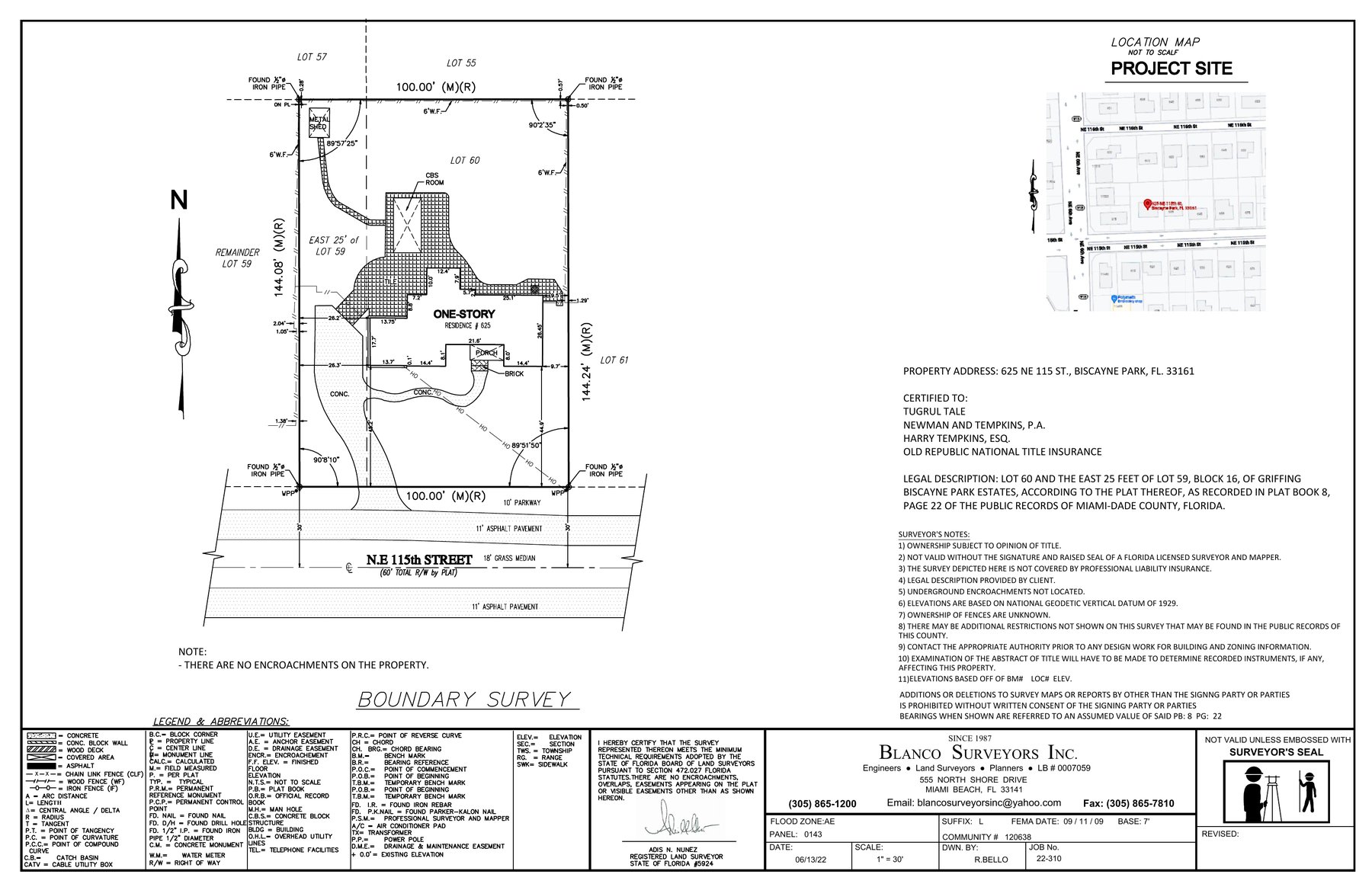 Boundary survey of 625 NE 115th St showing a 100 by 144 foot parcel with the existing one-story residence